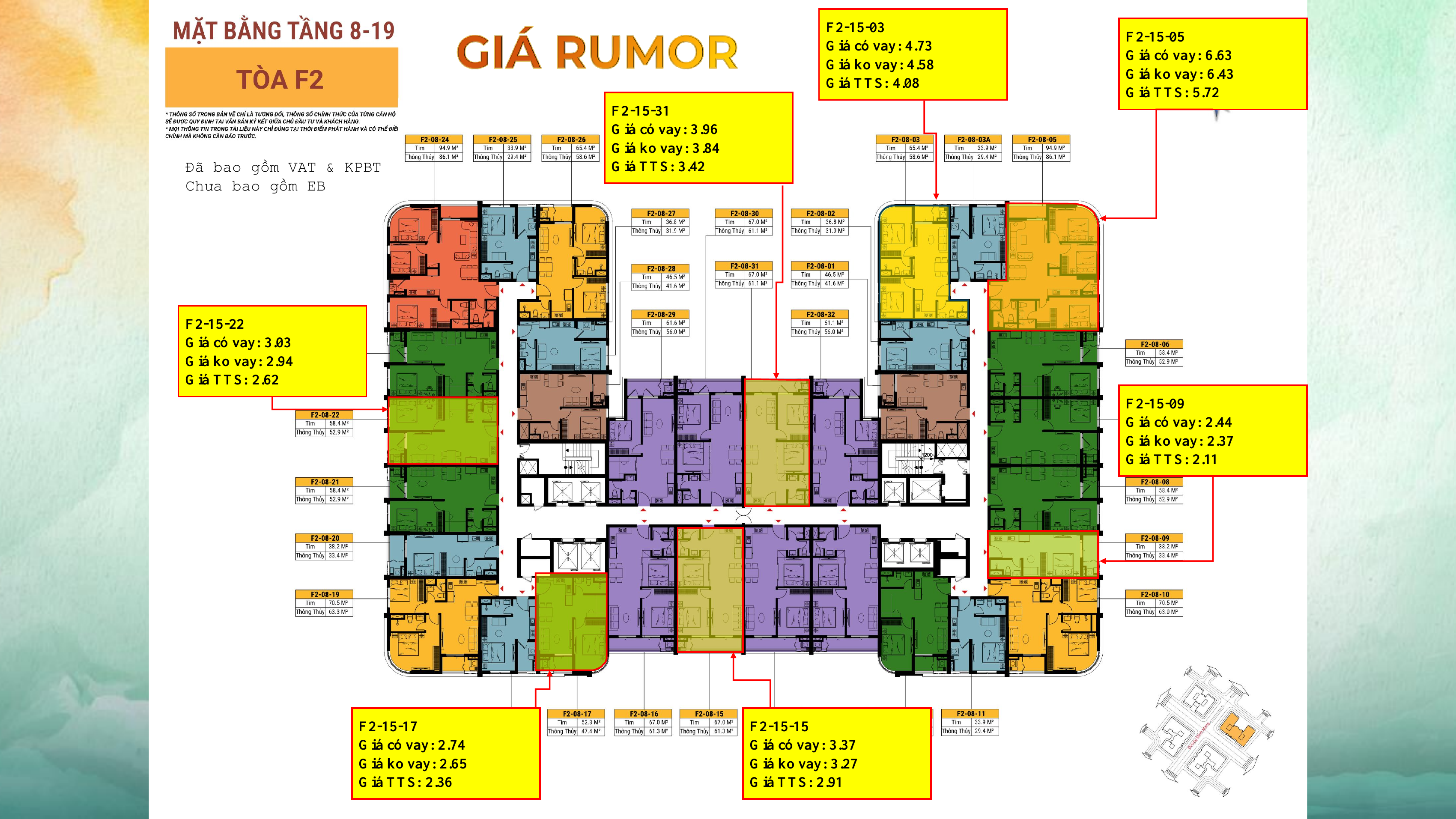 Giá rumor các căn tầng 15 tòa F2 trên mặt bằng tầng 8 đến 19